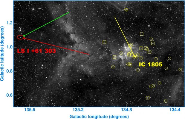 Micro-Quasar in Cassiopeia and IC 1805
Microquasars (MQ), bizarre binary star systems, generating high-energy radiation and blasting out jets of particles at nearly the speed of light, live in our Milky Way galaxy. The energetic microquasar systems seem to consist of a very compact object, either a neutron star or a black hole, formed in a supernova explosion but still co-orbiting with an otherwise normal star. And now, using a very long array of radio telescopes, astronomers are reporting that at least 1 MQ (LSI+61 303) can be traced back to its probable birthplace, within a cluster of young stars in the constellation Cassiopeia. About 7.500 LY from Earth, the star cluster and surrounding nebulosity are shown in the deep sky image above. The cluster stars are identified by yellow boxes and circles. 
A yellow arrow indicates the common apparent motion of the cluster stars; the green one shows the deduced motion of the microquasar system and the red arrow depicts the microquasar's motion relative to the star cluster itself.

