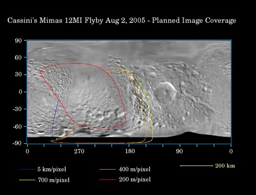 Mimas' Map
Original caption:"This map of the surface of Saturn's moon Mimas illustrates the Regions that were imaged by Cassini during the spacecraft's flyby of the moon on Aug. 2, 2005. At closest approach, the spacecraft passed within approx. 62.900 Km above the Moon's surface. The colored lines delineate the Regions that were imaged at differing resolutions. The closest images were obtained near closest approach. Mimas has never been imaged this closely before. The flyby provided the best views yet of the South Pole of Mimas and some of its northern latitudes, as well as distant views of the giant crater Herschel, near the terminator. 
The highest resolution images show the trailing hemisphere of Mimas, opposite Herschel. Several fracture systems have been seen in the region in NASA Voyager images, like Pelion Chasma and Tintagil Chasma. Images obtained from this Cassini encounter may help test whether these canyons and others on Mimas' surface, are related to the formation of Herschel (...)".
Parole chiave: Saturn's Moons - Mimas