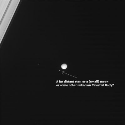 Occultation? (2)
Caption NASA:"(...) The camera was pointing toward Mimas that, at the time, was at approximately 1.345.325 Km away, and the image was taken using the CL1 and CL2 filters (...)".
Parole chiave: Saturn's Moons - Mimas - Controversial