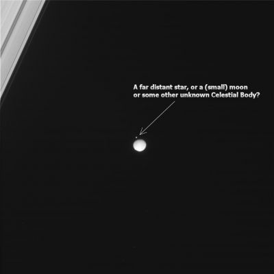 Occultation? (4)
Caption NASA:"(...) The camera was pointing toward Mimas that, at the time, was at approximately 1.344.896 Km away, and the image was taken using the CL1 and CL2 filters (...)".
Parole chiave: Saturn's Moons - Mimas - Controversial