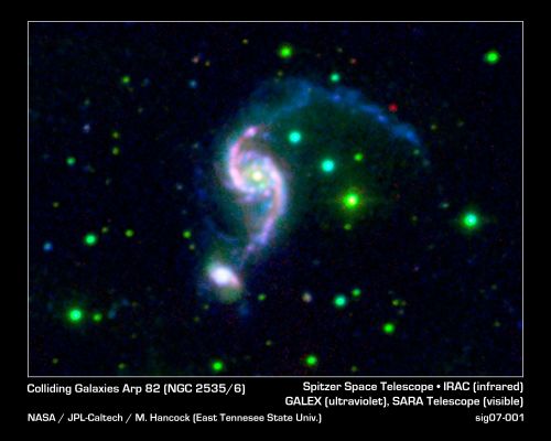 NGC 2535 and NGC 2536 (alias Arp 82)
A pair of interacting galaxies might be experiencing the galactic equivalent of a mid-life crisis. For some reason, the pair, called Arp 82, didn't make their stars early on as is typical of most galaxies. Instead, they got a second wind later in life -- about 2 billion years ago -- and started pumping out waves of new stars as if they were young again. 


Arp 82 is an interacting pair of galaxies with a strong bridge and a long tail. NGC 2535 is the big galaxy and NGC 2536 is its smaller companion. The disk of the main galaxy looks like an eye, with a bright "pupil" in the center and oval-shaped "eyelids." Dramatic "beads on a string" features are visible as chains of evenly spaced star-formation complexes along the eyelids. These are presumably the result of large-scale gaseous shocks from a grazing encounter. The colors of this galaxy indicate that the observed stars are young to intermediate in age, around 2 million to 2 billion years old, much less than the age of the universe (13.7 billion years). 

The puzzle is: why didn't Arp 82 form many stars earlier, like most galaxies of that mass range? Scientifically, it is an oddball and provides a relatively nearby lab for studying the age of intermediate-mass galaxies. 

This picture is a composite captured by Spitzer's infrared array camera with light at wavelength 8 microns shown in red, NASA's Galaxy Evolution Explorer combined 1530 and 2310 Angstroms shown in blue, and the Southeastern Association for Research in Astronomy Observatory light at 6940 Angstroms shown in green. 
Parole chiave: From Space Images - Spitzer Space Telescope (SST)