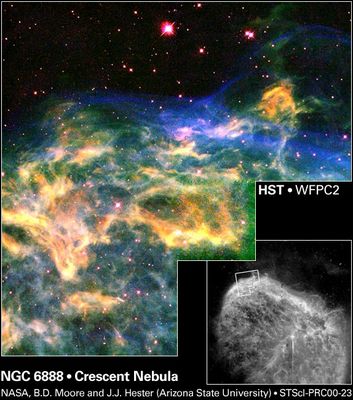 NGC 6888 - The "Crescent Nebula"
"...They sye that time 'eals all things,
They sye you can always forget;
But the smiles an' the tears acrorss the years
They twist my 'eartstrings yet!..."

George Orwell - "1984"
Parole chiave: Hubble Images