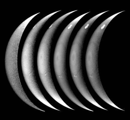 Neptune's bright crescent
Caption NASA originale:"Neptune's bright crescent taken in six filters (from bottom to top: UV, violet, blue, clear, green, orange) on August, 31, 1989. The images were shuttered in temporal order: violet, blue, UV, clear, green, orange. These images how the bright core of D2, the South Polar feature, and the symmetric structure immediately surrounding the South Pole. The relatively high contrast of the features in these images indicates that they extend above most of the scattering haze and absorbing methane gas in Neptune's atmosphere. [Image processing by D.A. Alexander]"
Parole chiave: Neptune