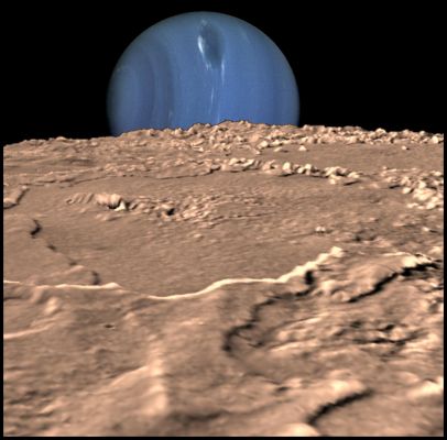 Neptune and Triton
Caption NASA originale:"Composite view showing Neptune on Triton's horizon. Neptune's South Pole is to the left; clearly visible in the planets' Southern Hemisphere is a Great Dark Spot, a large anticyclonic storm system located about 20° South. The foreground is a computer generated view of Triton's maria as they would appear from a point approximately 45 Km above the surface. The terraces visible in this image indicate multiple episodes of 'cryovolcanic' flooding. This three-dimensional view was created from a Voyager 2 image by using a 2-dimensional photoclinometric model. Relief has been exaggerated roughly 30-fold, the actual range of the relief is about 1 Km. Would Neptune appear to be rising or setting? Neither, due to the motion of Triton relative to Neptune, it would appear to move laterally along the horizon, eventually rising and setting at high latitudes".
Parole chiave: Artistic Views of the Solar System