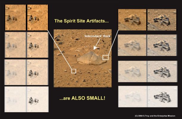 Mistaken identities... (2) - Small Martian "Artifacts"
Abbiamo tentato in più di una occasione di mettere in guardia i Lettori da quello che leggono sul www e questo "warning" noi continuiamo a ribadirlo poichè, a distanza di anni dall'avvìo delle nostre Ricerche, ci siamo accorti che alcuni personaggi continuano a mascherare la loro sete di profitto con la 'faccia bella' della Ricerca e della Divulgazione Scientifica. Noi non stigmatizziamo gli "errori altrui" perchè gli errori, sinchè sono fatti agendo in Buona Fede, costituiscono un passaggio fondamentale del cammino verso la Verità; noi stigmatizziamo le "boutades altrui" allorchè ci rendiamo conto che esse non sono altro che un capzioso strumento usato per attrarre l'interesse di migliaia/milioni di Appassionati (i quali non sono tutti - come ovvio - dei Professionisti della Ricerca) verso un Settore della Scienza il quale viene pubblicizzato a meri fini lucrativi. 
Siamo troppo severi? Giudicate Voi, direttamente leggendo le pagine di The Enterprise Mission...
Parole chiave: "Balle Spaziali"