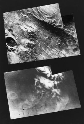 South Polar Cap from Mariner 9 and 7
Caption NASA originale:"This mosaic of Mariner 9 frames (top), taken during the first orbit, shows the remnants of the South Polar Cap of Mars dimly through the great dust storm. Mariner 7 photographed the same area in August, 1969 (bottom) at which time the entire region was covered with dry ice. The strange quasilinear features of 1969 have been replaced by a number of bright curved appendages never before seen on Mars and, at this time, unexplained. Mariner 9 was the 1st spacecraft to orbit another planet. The spacecraft was designed to continue the atmospheric studies - begun by Mariners 6 and 7 - and to map over 70% of the Martian surface from the lowest altitude (1500 Km [approx. 900 miles]) and at the highest resolutions (1 Km per pixel to 100 meters per pixel) of any previous Mars mission".
Eccezionale, semplicemente: Mariner 9 venne lanciato il 30 Maggio 1971 ed arrivò a destinazione il 14 Novembre dello stesso anno. 
Parole chiave: Mars South Polar Cap