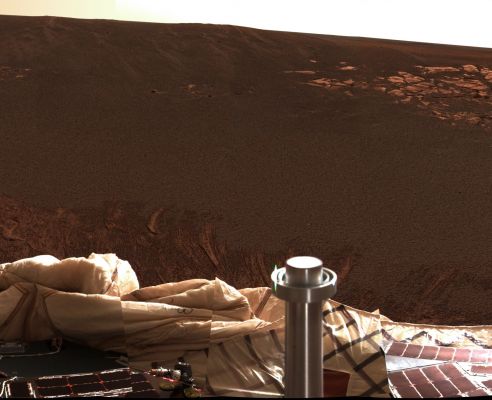 The "First Color View" of Eagle Crater (2) - Sol 1
Caption NASA originale:"The interior of a Crater surrounding the Mars Exploration Rover Opportunity at Meridiani Planum on Mars can be seen in this color image from the Rover's PanCam. This is the darkest landing site ever visited by a spacecraft on Mars. The rim of the Crater is approximately 10 mt (approx. 32 feet) from the Rover. The Crater is estimated to be 20 mt (approx. 65 feet) in diameter. Scientists are intrigued by the abundance of rock outcrops dispersed throughout the Crater, as well as the Crater's soil, which appears to be a mixture of coarse gray grains and fine reddish grains. Data taken from the camera's near-infrared, green and blue filters were combined to create this approximate true color picture, taken on the first day of Opportunity's journey. The view is to the west-southwest of the Rover". 
Parole chiave: Eagle Crater