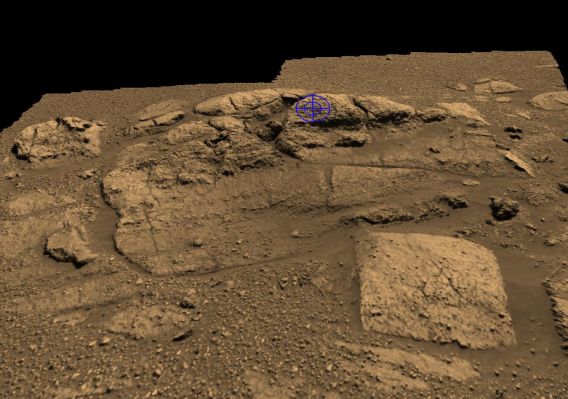 "El Capitan": an Outcrop inside Eagle Crater - Sol 27
Caption NASA originale:"This graphic is a planning tool used by Mars Exploration Rover engineers to plot and scheme the perfect location to place the Rock Abrasion Tool on the rock collection dubbed "El Capitan" near Opportunity's landing site. "El Capitan" is located within a larger outcrop nicknamed "Opportunity Ledge. "El Capitan" was named after a mountain in Texas, but on Mars, it is about 10 cm (about 4") high. Scientists are eager to use the Rock Abrasion Tool to peer deeper into the history of the formation of "El Capitan" and the Team will spend multiple Soles taking pre- and post-measurements of the rock targets".
Parole chiave: Eagle Crater