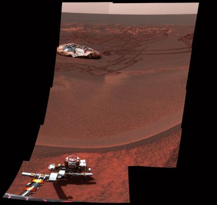 Lion King Panorama - Sol 60 (Contrast Enhanced True Colors; credits: NASA/JPL-Caltech)
This image from the Mars Exploration Rover Opportunity's panoramic camera shows one octant of a larger panoramic image which has not yet been fully processed. The full panorama, dubbed "Lion King" was obtained on sols 58 and 60 of the mission as the rover was perched at the lip of Eagle Crater, majestically looking down into its former home. It is the largest panorama yet obtained by either rover. The octant, which faces directly into the crater, shows features as small as a few millimeters across in the field near the rover arm, to features a few meters across or larger on the horizon. 

Parole chiave: Mars' Panoramas