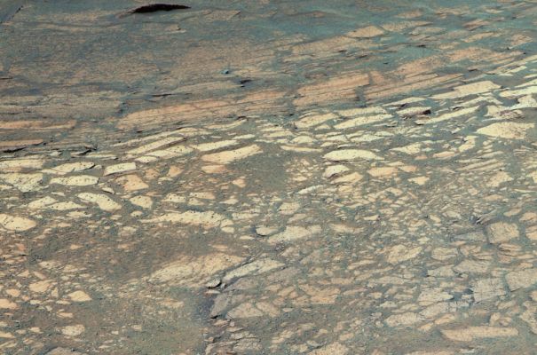 Paving and berries, in false colors - Sol 133
Caption NASA originale:"This false-color image shows the area within Endurance Crater, currently being investigated by the Mars Exploration Rover Opportunity. The Rover is inspecting a hole it drilled into a flat rock (center) dubbed 'Tennessee', which scientists believe may be made up of the same evaporite-rich materials as those found inside Eagle Crater. 

The overall geography inside Endurance is more complex than scientists anticipated, with at least three distinct bands of rock visible in front of the Rover. Scientists hope to investigate the second and third layers of rock for more clues to Mars' history. This image was taken on sol 133 (June 8, 2004) with the Rover's PanCam, using the 750-, 530- and 430-nnmts filters".
Parole chiave: Endurance Crater - Unusual inner features