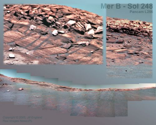 A new interpretation of the "Colors of Mars" (1) - Sol 248
Una serie di elaborazioni decisamente interessanti, a cura della Dott.ssa Jill England. 
Noi non condividiamo il risultato finale che è stato ottenuto (il "solito" - ormai - cielo azzurro su Marte), ma la metodologia adottata è interessante ed anche l'effetto scenico pregevole e quindi...EccoVi i frames relativi ad Endurance ed al Cielo che si stende su di esso. Per maggiori informazioni ed immagini, potete recarVi su: http://www.hyperfaceted.com/
Parole chiave: Endurance Crater