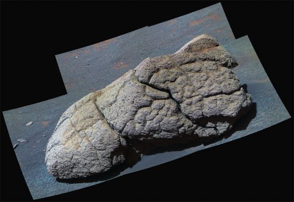 Wopmay (or "The Sleeping Bear") - Sol 251
Caption NASA originale:"NASA's MER Opportunity examined a boulder called Wopmay before heading further east inside Endurance Crater. The frames combined into this false-color view were taken by Opportunity's PanCam during the Rover's 251st Sol (Oct. 7, 2004). 
The coloring accentuates iron-rich spherical concretions as bluish dots embedded in the rock and on the ground around it. The rock is about 1 mt (3 feet) across. The slope of the ground and loose surface material around the rock prevented Opportunity from getting firm enough footing to use its rock abrasion tool on Wopmay. 
Evidence from the Rover's Spectrometers and MI is consistent with a possibility that rocks near the bottom of the Crater were affected by water both before and after the crater formed. The evidence is still not conclusive".
Parole chiave: Endurance Crater - Unusual inner features