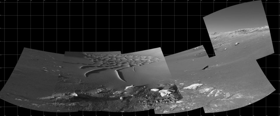 Endurance Crater (mosaic panorama from "NASA - Picture of the Day")
Un Panorama "ridondante", pubblicato sul Sito "NASA - Picture of the Day" del giorno 11 Ottobre 2004. Vale la pena riportare una parte del commento originale all'immagine: "...Possible choices for the Opportunity rover team on Earth (...) were to send the Martian robot inside Endurance Crater toward the arc-shaped sand dunes on the left, the unusually shaped rock on the right slope dubbed Wopmay and lower parts of Burns Cliff at the top of the craters inner slopes. The Opportunity rover team chose 1-meter diameter rock Wopmay as their next target and closer photographs are already being returned. (...) Opportunity has recently found rocks in Endurance crater with a network of cracks potentially indicative of dried mud, bolstering the case that Mars had a wet ancient past". Secondo noi il fatto di parlare di prove solo "potentially indicative...that Mars had a wet ancient past", a questo punto, è ridicolo. Che cosa deve vedere il Rover per smuovere la NASA? Delle cascate come quelle del Niagara?
Parole chiave: Endurance Crater