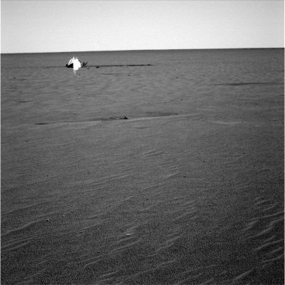 Heat-Shield? (1) - Sol 322
Sul Sol 322 di Opportunity e sulle riprese relative ci permettiamo di scherzare un pò... Questa immagine, per esempio, più che dare risposte fa nascere dubbi: l'oggetto ripreso, infatti, sicuramente sarà lo Scudo Termico, come dicono alla NASA. Ma la verità è che noi vediamo un qualcosa di completamente diverso da quello che avevamo visto sul bordo del Cratere Bonneville (e che pure, a detta del Controllo Missione, doveva essere/era lo Scudo Termico di Spirit). E allora? Due Sonde Gemelle che portano due Heat-Shields diversi? Qual'è il "vero" Heat-Shield? Quello di Bonneville Crater o questo di Meridiani Planum? 
Noi stiamo scherzando, ovviamente...Ma se fossimo seri diremmo che questo oggetto sembra effettivamente lo Scudo Termico di Opportunity (come riscontriamo dalla fotografia originale della Sonda stessa) mentre la "cosa" che avevamo visto sul bordo di Bonneville Crater...Già: che cosa diavolo era?!?
Parole chiave: Heat-Shield