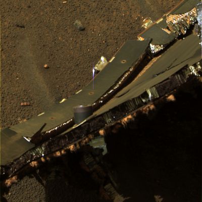 The broken "Heat-Shield", from very close! - Sol 340 (true colors; credits: NASA)
Caption NASA originale:"This image from NASA's Mars Exploration Rover Opportunity features a cross section through the structure and Thermal Protection System of the Rover's Heat-Shield. Shown is 1 of 6 separation fittings used to join and separate the Heat-Shield from the backshell during atmospheric entry, descent, and landing. Upon impact, this separation fitting punched through the structure. 
This is an approximately true-color rendering of the scene acquired around 13:21 MLT on Opportunity's sol 340 (Jan. 7, 2005) using panoramic camera filters at wavelengths of 750, 530, and 430 nanometers".
Parole chiave: The Heat-Shield