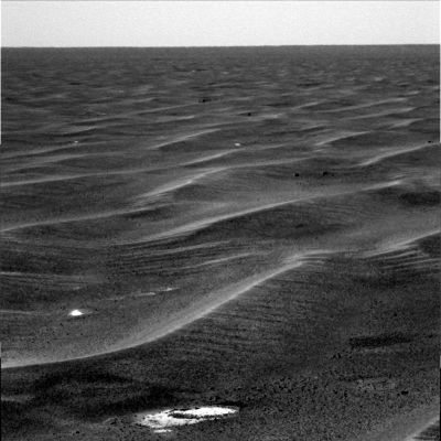 Panorama - Sol 409 (1)
Qualche roccia di colore chiaro (simile ad altre incontrate già durante le primissime peregrinazioni di Opportunity) affiora dalle sabbie di Meridiani Planum le quali, a tratti, sembrano anche mostrare una tessitura non esattamente uniforme (la nostra impressione è che, in alcuni punti, si vedano dei piccoli mucchi di pietre). Per il resto, vediamo solo Side-Winders ed in lontananza un rilievo che potrebbe essere la parete esterna di un nuovo cratere simile ad Endurance. Il cielo sembra piuttosto luminoso. 
Comunque non buona la qualità di questo e dei frames che seguono.
Parole chiave: Mars Panorama