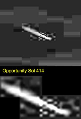 Silver Anomaly (3) - Sol 414
"...Noterai come R3 ed L3 siano state oscurate e "depixellate" ad arte e come la barra non c'entri nulla con il resto del panorama...Perch�? Perch� la barra non � un fenomeno luminoso: � semplicemente parte del "vero" soggetto della foto. 
Ogni tanto il computer tradisce e si "dimentica" di depixellare tutto allo stesso modo.
Ecco come il frammento si � salvato dalla compressione dell'istogramma dei canali RGB (le bande grigiastre sono i pixels correttamente censurati).
Mi rendo conto che per la la maggior parte delle persone tutto questo non significa granch�, ma dal punto di vista puramente tecnico questo risultato � gratificante.
Certo che, a parte la soddisfazione di beccare i "ricconi USA" alle prese con la loro "infallibile" (!) tecnologia, mi sarebbe piaciuto poter vedere anche tutto il resto...".

Lo Staff Lunar Explorer Italia � d'accordo con il nostro ex-Partner e la curiosit� di sapere "chi" o "che cosa" c'� realmente su Marte � diventata davvero enorme...

Parole chiave: Highly Controversial Image