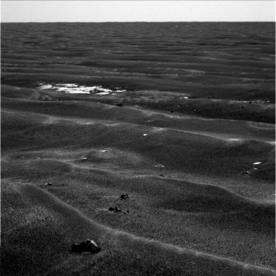 Martian paving...again?
C'è qualcosa che affiora dalle sabbie e che assomiglia molto ad un "pavimento Marziano": in effetti, la tessitura del terreno circostante e le fattezze delle rocce visibili ci dicono che si tratta di una configurazione del suolo sostanzialmente affine a quanto abbiamo già visto e studiato mesi fa esplorando i Crateri Eagle ed Endurance. 
Notate la presenza di piccole rocce sparse un pò ovunque sul suolo cirocostante il Rover (e forse, anche in questo frangente, si dovrebbe trattare di ejecta).
Interessante - ed abbastanza strano ed enigmatico - il display di Side-Winders che vediamo sulla media/lunga distanza (ma non escludiamo l'eventualità che possa trattarsi di un effetto ottico causato, oltre che dalla "foschia", anche dal particolare filtro-colore usato dalla PanCam la quale, in passato ed in tantissimi frangenti, ha ingannato Ricercatori ed Appassionati "creando", letteralmente, ombre ed artefatti.
Parole chiave: Mars rocks, sand and debris