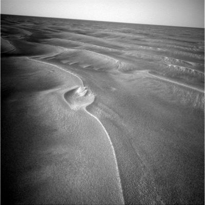 An unusual Side-Winder on Sol 446 (1)
Non ci sono immagini particolarmente interessanti da mostrare in questi ultimi Soles che documentano la marcia di Opprotunity verso Erebus Crater, ma qualcosa di - almeno - "curioso" siamo riusciti a trovarla.
Si tratta del 'disegno' (o della 'forma', se volete) che questo Side-Winder ha disegnato sulla superficie di Meridiani Planum.
A prima vista sembrava un cratere, poi ci siamo accorti che è solo una curiosa configurazione della "cresta" di un Side-Winder che, prima di congiungersi con un altro, sembra tracciare una sorta di circonferenza scomposta al cui interno (margine superiore dal punto di vista dell'Osservatore, ad ore 12) si vede qualcosa che però non riusciamo a definire in pieno dettaglio.
Rocce? Un affioramento sabbioso?

Impossibile dirlo, ma se Voi avete qualche idea...Scrivetecela!
Parole chiave: Mars' sand - Side-Winders