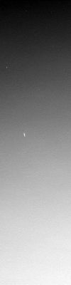 The Stars that Llght-up the Martian Sky! (9) - Sol 449
E chiudiamo la panoramica con l'ultimo frame (ufficialmente) ripreso dalla PanCam di Opportunity: sono le 19:23:26 MLT, il filtro/colore usato è il n. 1 e l'esposizione deve essere stata decisamente lunga (15/20"?) dato che uno dei tre corpi luminosi disegna una striscia nel cielo di Marte. 
A nostro parere, quell'oggetto è effettivamente un Pianeta e, tutto sommato, potrebbe anche essere la Terra. 
Ma ci resta il dubbio sugli altri 2 corpi luminosi puntiformi i quali, per altro, sembrano essersi sensibilmente spostati nel campo visivo della PanCam. Satelliti Artificiali? No, troppo lenti.
Deimos e/o Phobos? No, troppo piccoli e troppo poco luminosi.
Photoartifacts? 
Questa è l'ipotesi che, oggettivamente, sembra più plausibile, ma ciò che la rende poco credibile è la persistenza di questi 'oggetti' in tutti i frames ed il loro (almeno in apparenza) movimento coerente che compiono nel cielo di Marte.

Purtroppo, in simili ambiti, ogni ipotesi ha una sua validità ed una sua debolezza. Giudicate Voi...
Parole chiave: Martian Sky