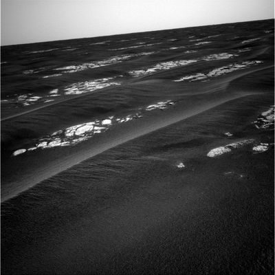 The Martian Paving...Again! (1)
Adesso che Opportunity è ad una decina di metri dalle prime rocce che affiorano dalle sabbie Marziane possiamo dirlo: si tratta del medesimo tipo di 'pavimentazione' che avevamo visto nei pressi di Endurance. 
Tuttavia, se nel caso di Endurance alcune spiegazioni circa la natura di questi 'pavimenti' potevano agevolmente ricollegarsi - anche - alle dinamiche proprie della formazione di un (presunto) cratere da impatto, adesso siamo in un'area, si, prossima ad un altro cratere (Erebus), ma ancora - a nostro parere - troppo lontani per pensare che questo tipo di suolo sia necessariamente connesso a fenomenologie violente quali quelle alle quali accennavamo in precedenza.
Parole chiave: Etched Terrain