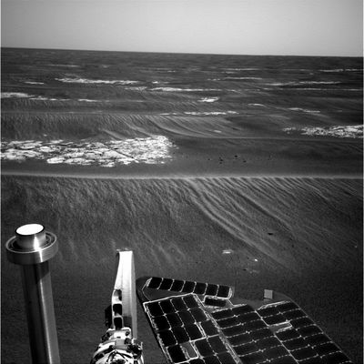 Ripple by ripple, trough by trough... - Sol 550 (1)
Original caption:"Opportunity continues to make progress South toward Erebus crater. The Rover Planners are doing an excellent job keeping Opportunity safely within the confines of the ripple troughs and determining where the Rover can cross from one ripple trough into another. The Rover Team tries to keep Opportunity inside the ripple troughs and plans to follow the troughs South until Opportunity can safely move into a 'better' trough".
Parole chiave: Mars Panorama - Martian Paving
