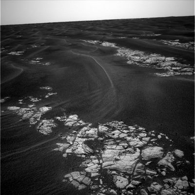 Ripple by ripple, trough by trough... - Sol 550 (4)
Davvero molto interessanti i rilievi ufficiali che abbiamo letto ed inserito a commento dei 3 frames precedenti. Solo una piccola precisazione: come il Rover Team ha precisato, Opportunity sta perdendo "potenza" e questo perchè non solo le giornate di Marte si stanno accorciando, ma anche a causa della mancanza di "cleaning events" (e cioè assenza di Dust Devils o, in generale, di altri fenomeni legati al vento). 
Questa annotazione - dopo che Vi abbiamo lungamente annoiato con le nostre riflessioni relative alla apparente "immutabilità" del paesaggio di Meridiani -, giunge abbastanza gradita e non a sorpresa. 
La nostra sensazione, a quanto pare, non era affatto errata: la Pianura di Meridiani è "totalmente quieta", senza vento. Ma se la NASA ammette questa circostanza, essa tuttavia continua a non proporre alcuna ipotesi alternativa sulla formazione dei Side-Winders i quali, invece - come a volte ci sembra e come qualche Lettore suggerisce... -, si modificano.

Curioso, vero?!?

Parole chiave: Mars Panorama - Martian Paving