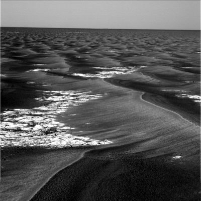 The "waves" of Meridiani (1) - Sol 569
Ogni volta che osserviamo questo incredibile paesaggio fatto di sabbie, di outcrops (o Pavimenti Marziani), di Side-Winders e, di quando in quando, di crateri (grandi e piccoli o piccolissimi) e di indecifrabili rilievi del suolo, la sensazione che ne riceviamo è sempre la medesima: stiamo forse guardando il "Fantasma" di un antico Oceano? Alla NASA sembrano esserne convinti, anche se le loro sensazioni cambiano piuttosto spesso. Da parte nostra, forse perchè siamo un pò "naif", ci piace pensare che la grande pianura di Meridiani sia, oltre le apparenze, qualcosa di ancora vivo, almeno in parte.
Diremmo un Oceano "dormiente", da un certo punto di vista, ma anche un ricettacolo di Forme di Vita assolutamente diverse da quanto la nostra Scienza ed il nostro Senso Comune si aspettano.

Staremo a vedere...
Parole chiave: Mars Panorama - Martian Paving & Side Winders