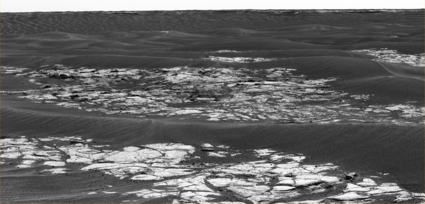 Erebus Crater - Sol 590
Original caption:"This is a mosaic assembled from some of the images taken by the PanCam on NASA's MER Opportunity during the Rover's 590th Sol (Sept. 21, 2005). The view is toward the South and includes rock exposures north of Erebus Crater, with the crater in the background. The Rover will investigate the exposed rocks in the foreground and will take additional PanCam images of Erebus Crater, which is about 300 mt (about 984 feet) across. 
Erebus Crater dwarfs the landing-site crater, Eagle Crater, which measures about 22 mt (72 feet) in diameter. And, it is nearly twice the diameter of Endurance Crater, which, at 130 meters (430 feet) wide, has been compared to a stadium. 
The camera's red filter was used for taking the images in this mosaic. It admits light with a wavelength of 750 nnmts".
Parole chiave: Erebus Crater