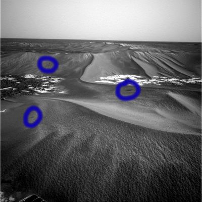 After the Dust-Storm (6) - Sol 631
I rilievi indicati nel frame precedente, cerchiati in blu.
Parole chiave: Mars Panorama - Meridiani Planum - Erebus Area