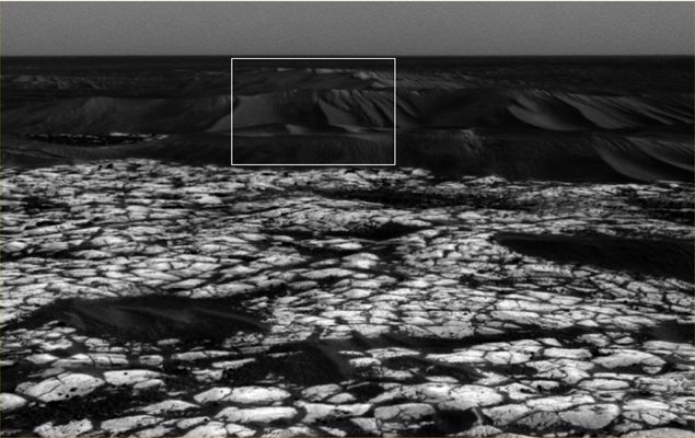 Scylla - Sol 644
These images were acquired by NASA's MER Opportunity using its Pan Cam on Sol 644 (Nov. 15, 2005) and its NavCam on Sol 645 (Nov. 16, 2005- color image). The view looks towards the East, covering a large wind-blown ripple called "Scylla" other nearby ripples and patches of brighter rock strewn with dark cobbles. PanCam bands L4 (601-nnmts wavelength), L5 (535 nnmts) and L6 (482 nnmts) correspond to red, green and blue bands in the false-color image shown in the upper left. The blue-tinted colors associated with the scours and ripple crests are probably due to the presence of basaltic sands mixed with hematite-rich spherules. Color patterns on the larger ripple flanks are caused by different amounts of reddish dust. The larger ripple flanks have an intricate mixture of erosional scours and secondary ripples extending downward from the main ripple crests, suggesting that these ripples have most recently encountered a period of wind erosion and transport of their outer layers.
Parole chiave: Martian Dunes and outcrops - Meridiani Planum - Erebus Area