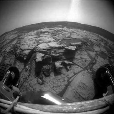 The most beautiful outcrop so far! (2) - Sol 651
Original caption:"Left Front Haz-Cam Non-linearized Full frame EDR acquired on Sol 651 of Opportunity's mission to Meridiani Planum at approx. 14:14:51 MLT".
Parole chiave: Martian Outcrops - Erebus Area