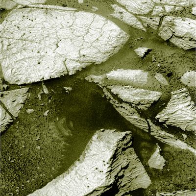 A reasonable color for Erebus' Pavings - Sol 653 (False Colors)
Abbiamo guardato e studiato, nei limiti del possibile e del ragionevole, i frames in "almost e/o approximately true colors" in arrivo da Meridiani. 
In realtà, sebbene molti frames - specie i primi - mostrassero la pianura di Meridiani di color rosso o arancione (almeno prevalentemente), adesso la sensazione è che il colore dominante - dati NASA - sia un verdastro scuro, con qualche traccia di arancio pallido e di giallo. E allora, dato che i frames a colori sono sempre (diremmo che sono ormai "per definizione") questionabili, ne abbiamo elaborato anche noi uno. 
Tuttavia, nella nostra interpretazione, non si parla nè di colori approssimativamente veri, nè di colori quasi veri. 
I colori che proponiamo sono solo colori "ragionevoli": e cioè basati sui dati NASA più recenti e sul buon senso, insomma. Il risultato? Giudicate Voi!
Parole chiave: Martian Paving