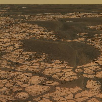 The "Martian Paving" in approximately true colors: the Olympia Panorama (2) - Sol 657
Original caption:"This view from the PanCam on NASA's MER Opportunity shows an outcrop called "Olympia" along the NorthWestern margin of Erebus Crater. The view spans about 120° from side to side, generally looking Southward. The outcrop exposes a broad expanse of sulfate-rich sedimentary rocks. 
The rocks were formed predominantly from windblown sediments, but some also formed in environmental conditions from damp to under shallow surface water. After taking the images that were combined into this view, Opportunity drove along along a path between sand dunes to the upper left side of the image, where a cliff in the background can be seen. This is a cliff is known as the Mogollon Rim. Researchers expect it to expose more than 1 mt (about 3 feet) of new strata. These strata may represent the highest level observed yet by Opportunity. The image is an approximately true-color rendering generated using the PanCam's 750-, 530- and 430-nanometer filters".
Parole chiave: Martian Paving - Erebus Area