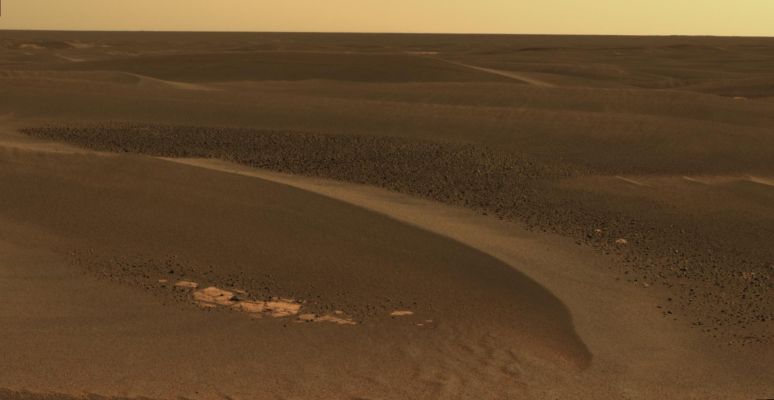Meridiani's Portrait (2) - true (?) colors
This is an approximately true-color rendering that combines separate images taken through the panoramic camera's 753-, 535- and 432-nanometer filters. 
Parole chiave: Mars Panorama - Dunes, Ripples and Outcrops - Meridiani Planum