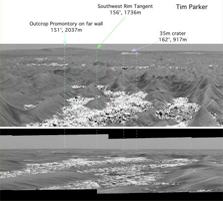 The rim of Victoria Crater (2)
Caption NASA originale:"When scientists using orbital data calculated that they should be able to detect Victoria's rim in Rover images, they scrutinized frames taken in the direction of the crater by the PanCam. To positively characterize the subtle horizon profile of the crater and some of the features leading up to it, researchers created a vertically-stretched image (top) from a mosaic of regular frames from the PanCam (bottom), taken on Opportunity's 804th Sol (April 29, 2006). The streched image makes mild nearby dunes look like more threatening peaks, but that is only a result of the exaggerated vertical dimension. This vertical stretch technique was first applied to Viking Lander 2 panoramas by Philip Stooke, of the University of Western Ontario, Canada, to help locate the lander with respect to orbiter images. Vertically stretching the image allows features to be more readily identified by the MER Science Team.
The bright white dot near the horizon to the right of center (barely visible without labeling or zoom-in) is thought to be a light-toned outcrop on the far wall of the crater, suggesting that the rover can see over the low rim of Victoria".
Parole chiave: Mars Panorama - The "rim" of Victoria Crater