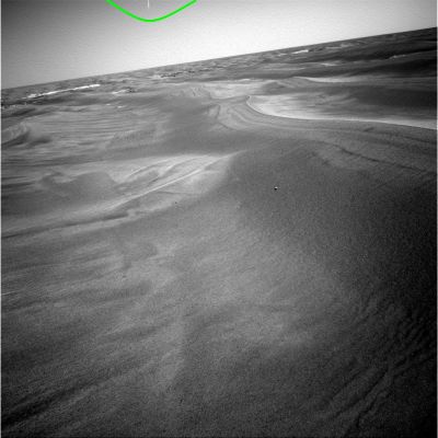 A "spark" in the sky, or another artifact? - Sol 815
Caption NASA originale:"Left NavCam Non-linearized Full frame EDR acquired on Sol 815 of Opportunity's mission to Meridiani Planum at approximately 13:23:32 MLT".
Parole chiave: Mars Panorama - Controversial