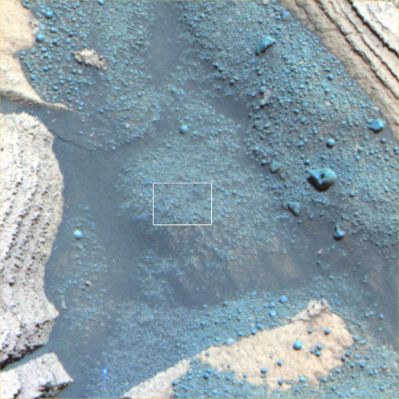 Alamogordo Creek - false colors (1) - Sol 825
Caption NASA originale:"On its 825th Martian day (May 20, 2006), NASA's MER Opportunity stopped for the weekend to place its instrument arm onto the soil target pictured here, dubbed Alamogordo Creek. 
Two views from the PanCam, acquired at about noon Local Solar Time, are at the frames 1 and 2. 
Frame 3 is a close-up view from the Microscopic Imager (MI). 

This frame is a false-color view that emphasizes differences among materials in rocks and soil. It combines images taken through the PanCam's 753-, 535- and 432-nanometer filters". 
Parole chiave: Mars rocks, sand and debris
