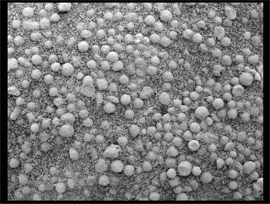 Alamogordo Creek - detail mgnf (3) - Sol 825
The Microscopic-Imager frame covers the area outlined by the white boxes in both the PanCam views, a rectangle 3 cm (1,2") across. 

As Opportunity traverses to the South, it is analyzing soil and rocks along the way for differences from those seen earlier. At this site, the soil contains abundant small spherical fragments, thought to be Hematite-rich concretions, plus finer-grained basaltic sand. Most of the spherical fragments seen in the Microscopic Image are smaller than those first seen at the Rover's Landing Site (Eagle Crater), some 5 Km (about 3,1 miles) to the North. However, a few larger spherical fragments and other rock fragments can also be seen in the PanCam images".
Parole chiave: Mars rocks, sand and debris