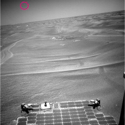 The magnificent "Desolation" of Meridiani Planum (3) - Sol 833
Cerchiatura Fucsia: uno "sbuffo" nel cielo di Marte. Photoartifact, micro-nuvola o qualcosa d'altro? La nostra esperienza ci spinge ad optare per l'ipotesi del photoartifact, anche se non ne abbiamo la certezza.
Tuttavia, anche qualora si trattasse di qualcosa di diverso dal semplice difetto del frame, la sua non buona risoluzione ci impedisce di poter dire qualcosa di definitivo.

Complimenti in ogni caso al sempre ottimo occhio del Dr Barca!
Parole chiave: Mars Panorama - Controversial