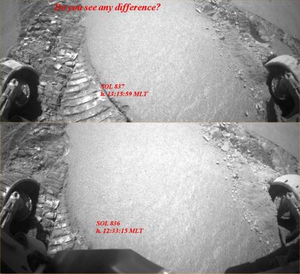Moving out... - Sol 836/837
Caption NASA originale del Sol 836:"Left Front HazCam Non-linearized Full frame EDR acquired on Sol 836 of Opportunity's mission to Meridiani Planum at approximately 12:33:15 MLT".

Caption NASA originale del Sol 837:"Left Front HazCam Non-linearized Full frame EDR acquired on Sol 837 of Opportunity's mission to Meridiani Planum at approximately 13:15:59 MLT".
Parole chiave: Martian Surface - disturbed soil