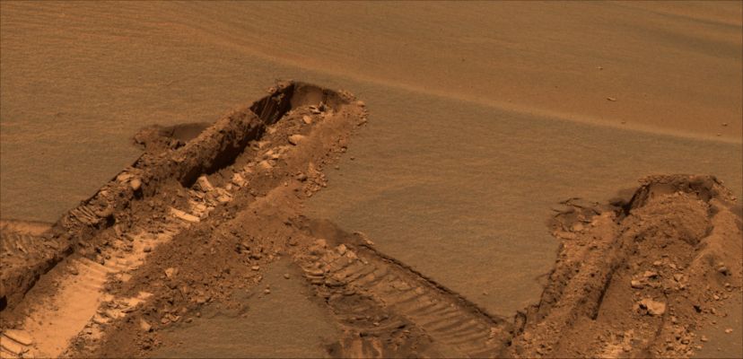 Jammerbugt (2) - Sol 842
Caption NASA originale:"For example, on Sol 833 Opportunity became embedded within an unexpectedly deep and very fine-grained ripple, named "Jammerbugt" by the operations team, and spent the next 8 Soles (from 834 up to 841) extricating itself. 

A series of images from the Hazard Avoidance Camera (HazCam) were returned quickly because they were needed to help plan the drive sequences. However, once the Rover was free from the ripple, the science team commanded these PanCam images on Sol 842 to show complete coverage of the wheel tracks that were left by Opportunity during the extraction process". 
Parole chiave: Martian Soil