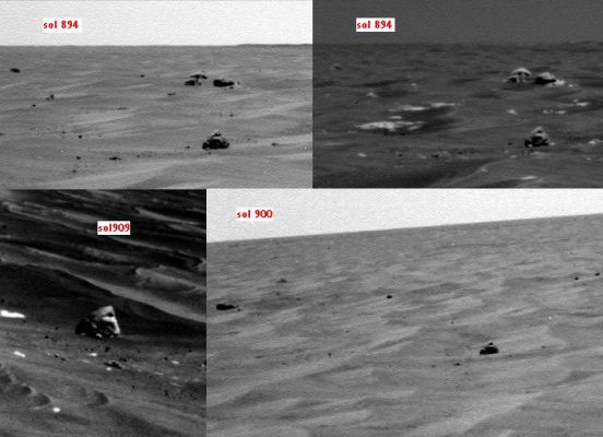 Moving Outcrops... (1) - Soles 894/900/909
Uno spettacolare lavoro del Dr Barca il quale, anche per gli Osservatori più scettici, costituirà un osso durissimo da afferrare e comprendere: il rilievo ripreso è sempre lo stesso (nei Soles segnati in rubrica); lo shift prospettico è (praticamente) nullo, ma qualcosa che si vede in alcuni frames, in altri...E' scomparsa! E, come se non bastasse, la roccia più vicina all'Osservatore, pur restando la stessa, cambia decisamente le sue fattezze e - apparentemente - anche le sue dimensioni (come se stesse emergendo dalle sabbie).

Scherzo degli occhi (e quindi si può parlare di "svista"), della prospettiva o (e qui parleremmo di "shift") scherzaccio dei "Burloni di Pasadena" (e qui potremmo solo parlare di "digital tampering")? La risposta - citando Bob Dylan - "is blowing in the (Martian) wind"...
Parole chiave: Extremely Anomalous Surface Feature - Controversial Frames - Beagle Crater
