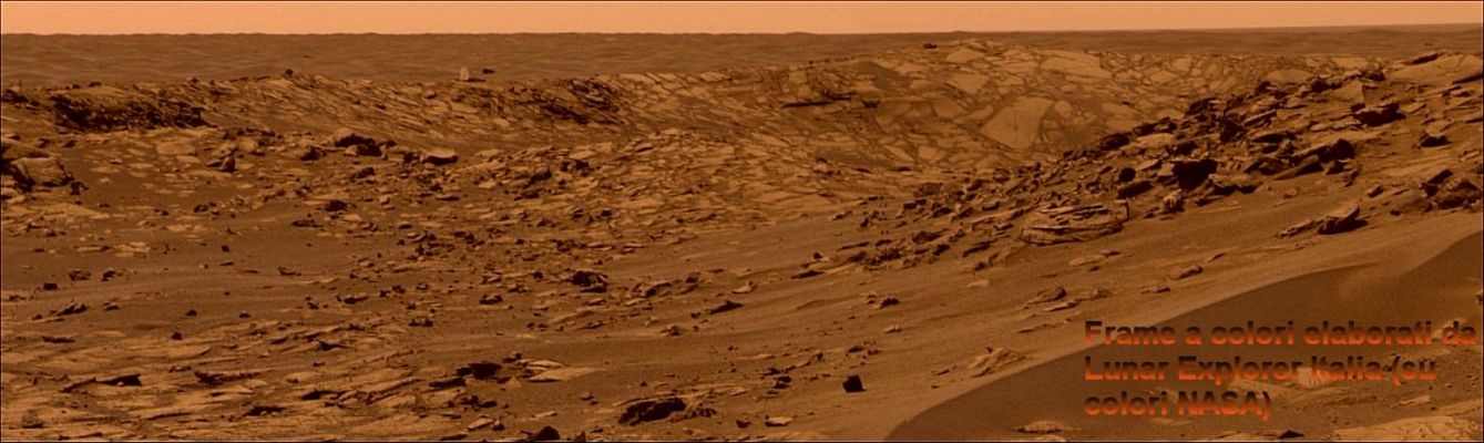 Beagle Crater (1) - Sol 894
Caption NASA originale:"NASA's Mars Exploration Rover Opportunity took this approximate true-color image of Beagle Crater from a distance of about 25 mt (82 feet). The crater is thought to be relatively young based on its prominent, raised rim and surrounding ejecta that have not been eroded away or buried by sand. The image also shows a portion of the eastern interior rim of Beagle Crater, which appears composed of jumbled, angular blocks of brighter and darker outcrop rocks. The rover will drive to the rim of the crater and acquire an extensive color panorama in the coming Soles".

Nota: sia il frame (1) che il frame (2) sono stati rielaborati da Lunar Explorer Italia. Il frame (3), invece, è in "colori veri" (according to NASA).
Parole chiave: Beagle Crater in colors
