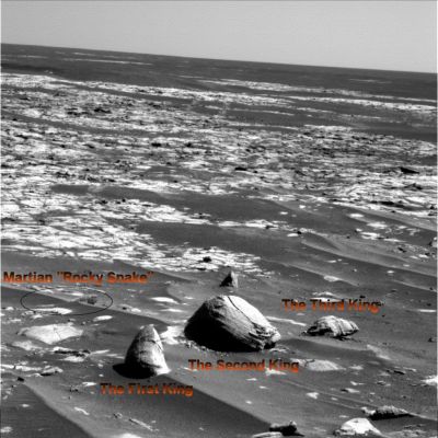 The "Three Kings" of Beagle - Sol 896
Una nuova ed intrigante intuizione del Dr Barca: il "Serpente Marziano", che vedete a Sx, ci colpisce perchè si vede - chiaramente - che si tratta di una struttura parzialmente interrata, ma unitaria: una sorta di grande e lunga (anzichè larga) radice di Mangrovia, che parte dall'inizio dell'ellissi, a Sx, piuttosto sottile, e finisce con forma vagamente rotondeggiante e tozza, dopo aver "tagliato" la cresta del Side-Winder, poco prima della fine dell'ellisse, a Dx. Di che cosa si tratta? 
Forse - e lo diciamo sottovoce... - proprio dello spezzone di un'antica (?) radice, ora fossilizzata.

Per quanto attiene i "Tre Re", Vi invitiamo a notare la sostanziale stranezza nella forma del primo "Re" (se antropomorfizziamo, diremmo che si tratta di una "faccia assonnata che mostra un vago sorriso") e del secondo "Re" (una delle solite pseudo-rocce che presentano una frattura centrale (diremmo assai recente, a giudicare dall'affilatezza dei suoi bordi).

Il terzo "Re", forse al pari del secondo, mostra sulla sua superficie delle striature (striations) che tradiscono un passato, più o meno remoto, in cui l'acqua, in questa Regione Marziana, la faceva da padrona.

Un bellissimo frame, insomma: suggestivo ed affascinante.

Parole chiave: Martian Surface - Extremely Unusual Surface Features
