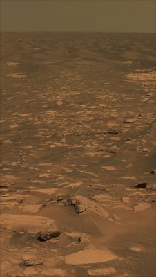 Beagle Crater and 360� Panorama from Sol 901 through 904 (1)
Caption NASA originale:"This 360° view shows one of Opportunity's last stops on the now-familiar surface of Meridiani Planum before reaching different terrains associated with the very large Victoria Crater. In the center of the mosaic - frames 7 to 11 - is Beagle Crater, an impact crater about 35 mt (115 feet) wide. On the far left and wrapping around to the far right, Opportunity's tracks are visible approaching the crater".
Parole chiave: Mars Panorama - Natural Colors (according to NASA)