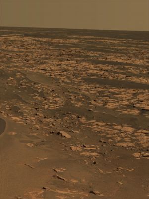 Beagle Crater and 360� Panorama from Sol 901 through 904 (3)
Caption NASA originale:"Because impact craters have well-understood shapes when they form, the altered appearance of eroded craters gives scientists clues to the processes that modified them. By observing how filled an impact crater has become and how worn its edges are, scientists can estimate how long its surface has been exposed to erosion. The many-sided outline of a crater such as Beagle and the blocky appearance of its ejecta may also tell scientists about the strength of the underlying bedrock. Based on observations such as these, scientists know that Beagle Crater is fresher than Eagle and Fram craters near Opportunity's Landing Site and more similar in form to Viking and Voyager craters in the plains to the North of Beagle".
Parole chiave: Mars Panorama - Natural Colors (according to NASA)