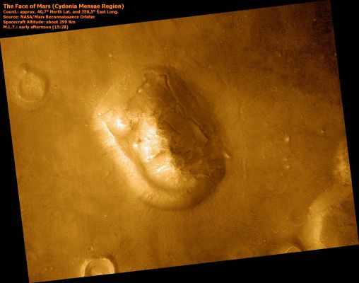 The "Face" on Mars... (False Colors; credits: NASA/JPL)
Image PSP_003234_2210 was taken by the High Resolution Imaging Science Experiment (HiRISE) camera onboard the Mars Reconnaissance Orbiter spacecraft on 05-Apr-2007. 
The complete image is centered at 40,7° latitude, 350,5° East Longitude. The range to the target site was 299,4 Km (187,1 miles). At this distance the image scale is 29,9 cm/pixel (with 1 x 1 binning) so objects ~90 cm across are resolved. 
The image shown here has been map-projected to 25 cm/pixel and north is up. 
The image was taken at a local Mars time of 03:28 PM and the scene is illuminated from the West with a solar incidence angle of 73°, thus the Sun was about 17° above the horizon. 
At a Solar Longitude of 213,4°, the season on Mars is Northern Autumn. 
Parole chiave: Mars from orbit - Cydonia Mensae