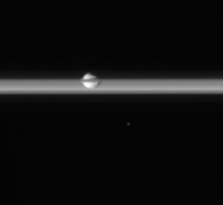 Pan through the Rings
Caption originale:"Saturn's small, walnut-shaped moon, Pan, embedded in the Planet's Rings. 
This image was taken in visible light with the Cassini spacecraft narrow-angle camera on April 29, 2006, at a distance of approximately 209.000 Km (about 130,000 miles) from Pan. 
The image scale is approx. 1 Km per pixel".
Parole chiave: Saturn's Moons - Pan