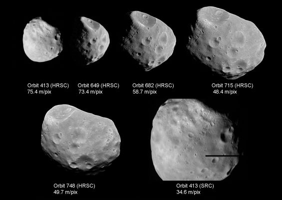 Different views of Phobos (Original NASA/MGS/MSSS b/w Frames)
Una serie di immagini ottenute dalla Sonda ESA "Mars Express" le quali ci fanno gradualmente "avvicinare" a Phobos ed alla sua affascinante (ed in parte assolutamente inspiegabile) superficie. Molto ben visibile, in tutti i sub-frames, la più grande e conosciuta caratteristica superficiale di Phobos: lo Stickney Crater.
Parole chiave: Mars' Moons - Phobos
